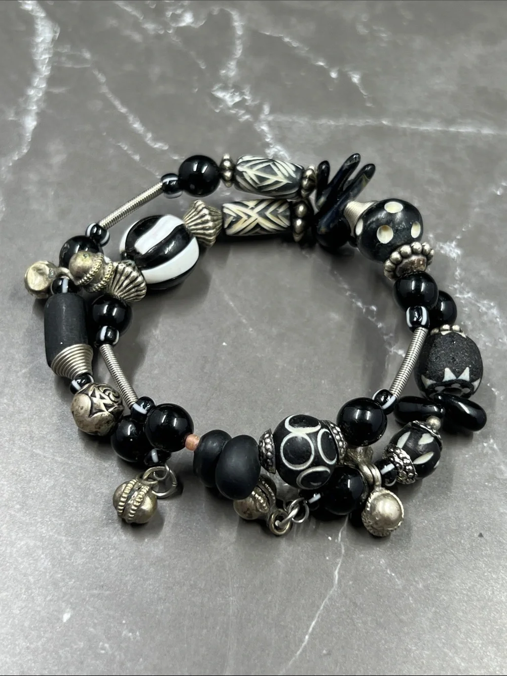 Vintage Treska Black Beaded Textured Wrap Bracelet